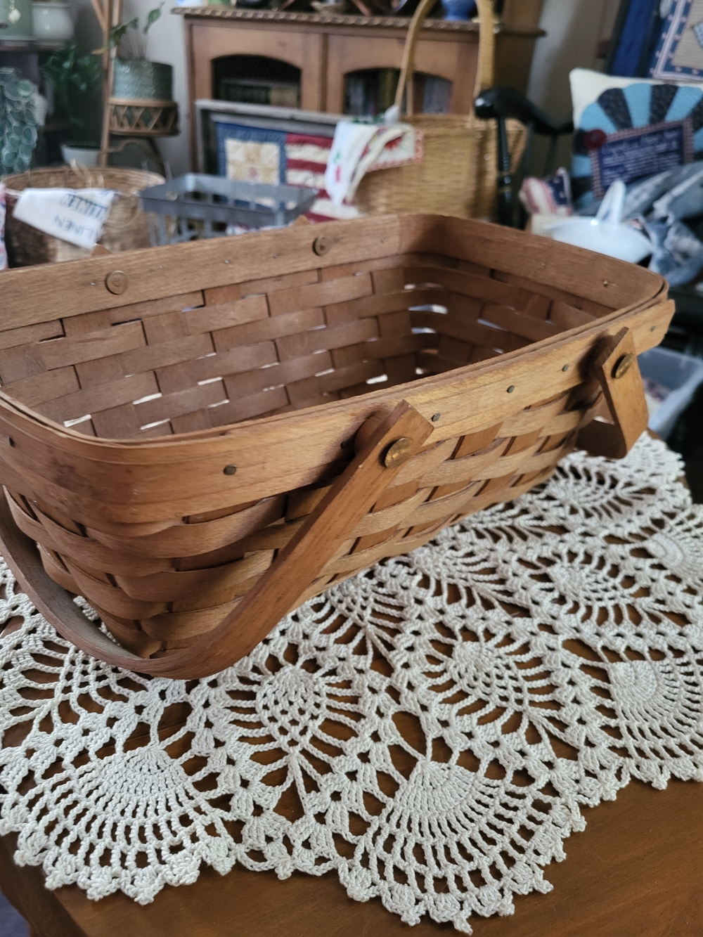 Longaberger Brown Rectangular Market Basket with Folding Handle